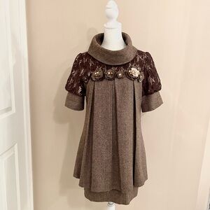 Bacca Bacca Brown Herringbone Tweed Dress Lace Detail Rosette EU 36 Small